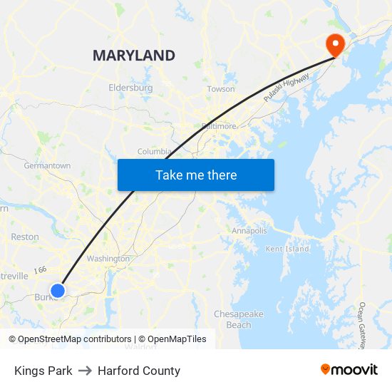 Kings Park to Harford County map