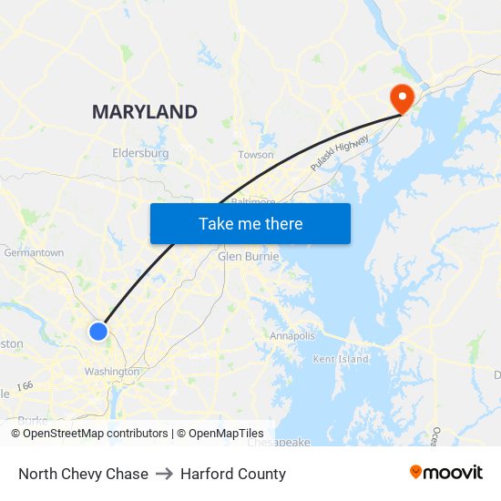 North Chevy Chase to Harford County map