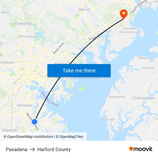 Pasadena to Harford County map