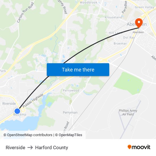 Riverside to Harford County map