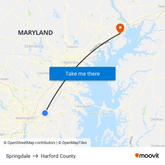 Springdale to Harford County map