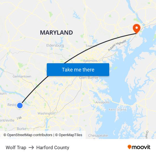 Wolf Trap to Harford County map