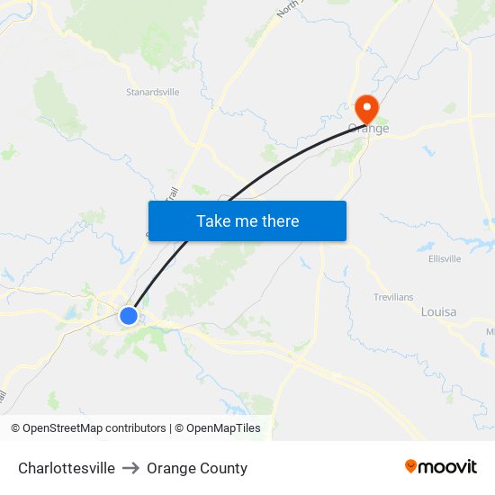 Charlottesville to Orange County map