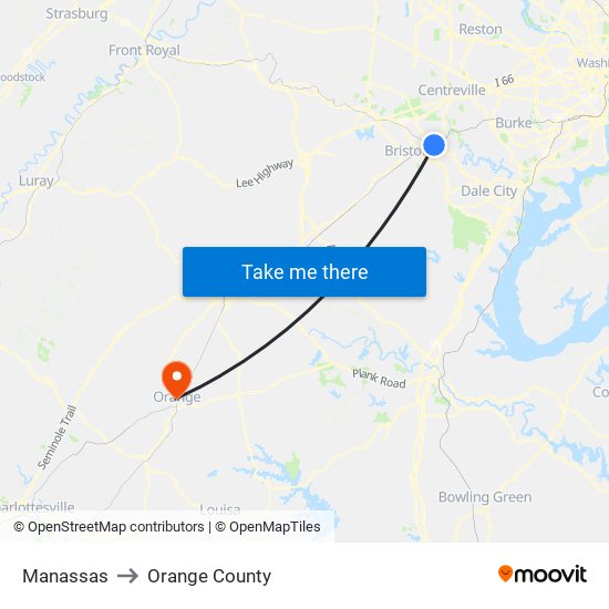 Manassas to Orange County map