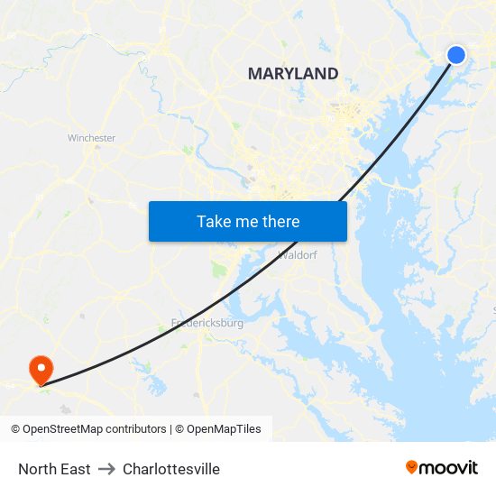 North East to Charlottesville map