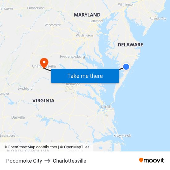 Pocomoke City to Charlottesville map