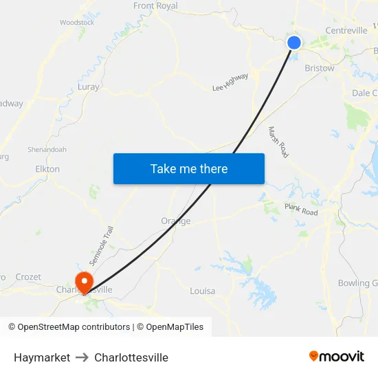 Haymarket to Charlottesville map
