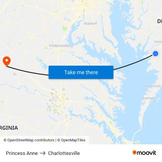 Princess Anne to Charlottesville map