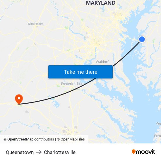 Queenstown to Charlottesville map