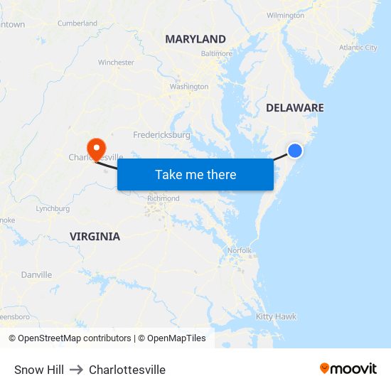 Snow Hill to Charlottesville map