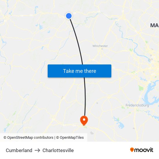 Cumberland to Charlottesville map