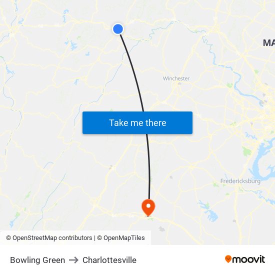 Bowling Green to Charlottesville map