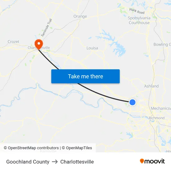 Goochland County to Charlottesville map