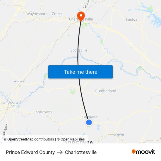 Prince Edward County to Charlottesville map