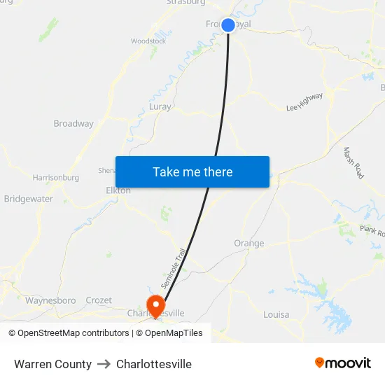 Warren County to Charlottesville map