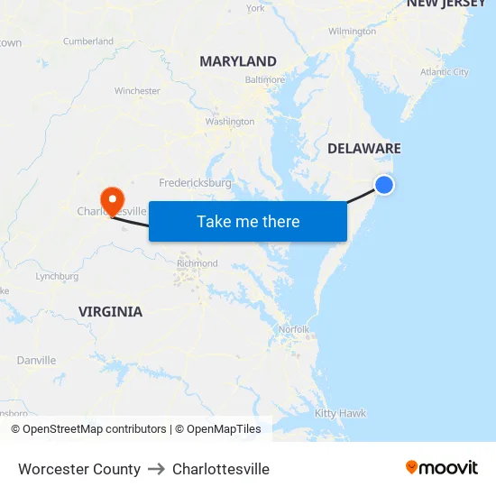 Worcester County to Charlottesville map