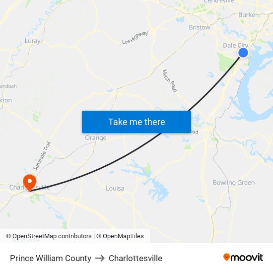 Prince William County to Charlottesville map