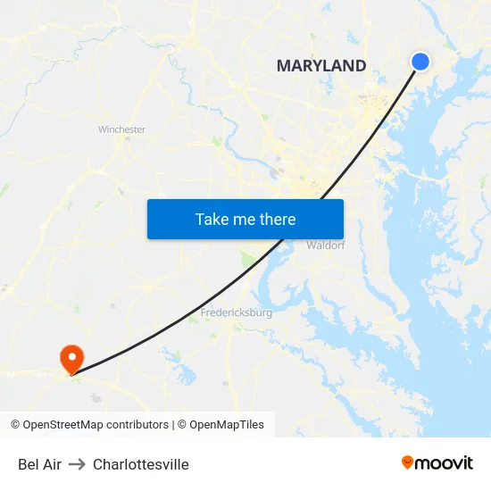 Bel Air to Charlottesville map