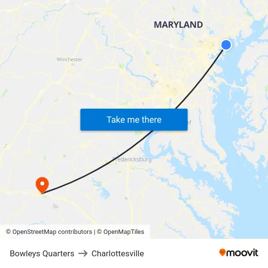 Bowleys Quarters to Charlottesville map