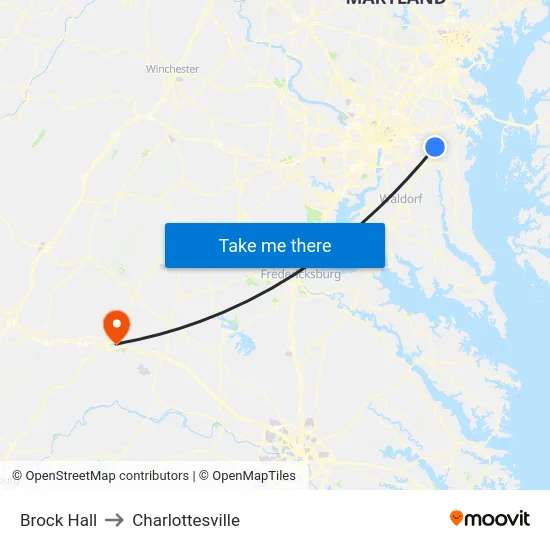 Brock Hall to Charlottesville map