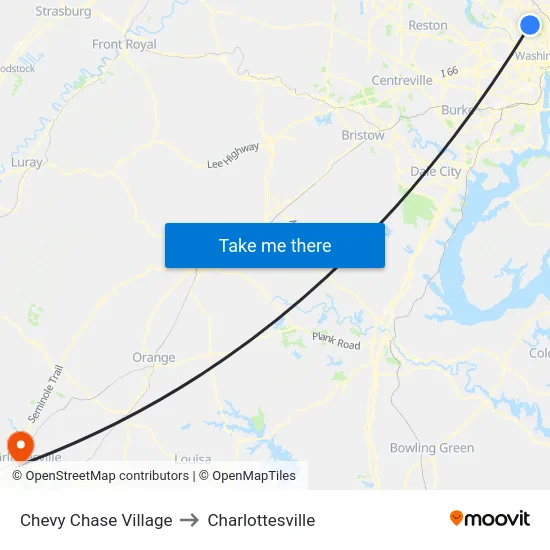 Chevy Chase Village to Charlottesville map
