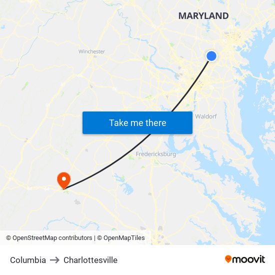 Columbia to Charlottesville map