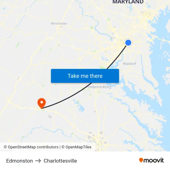 Edmonston to Charlottesville map