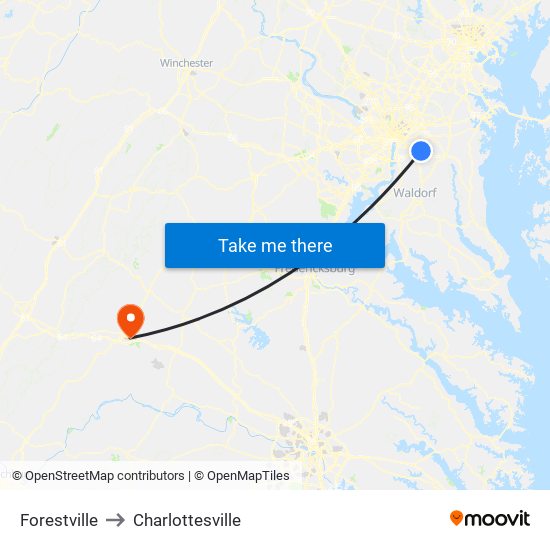 Forestville to Charlottesville map