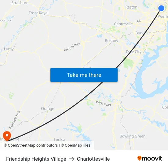 Friendship Heights Village to Charlottesville map