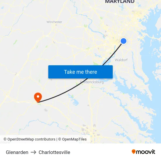 Glenarden to Charlottesville map