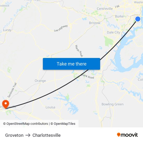 Groveton to Charlottesville map