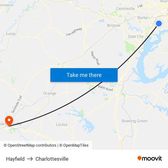 Hayfield to Charlottesville map