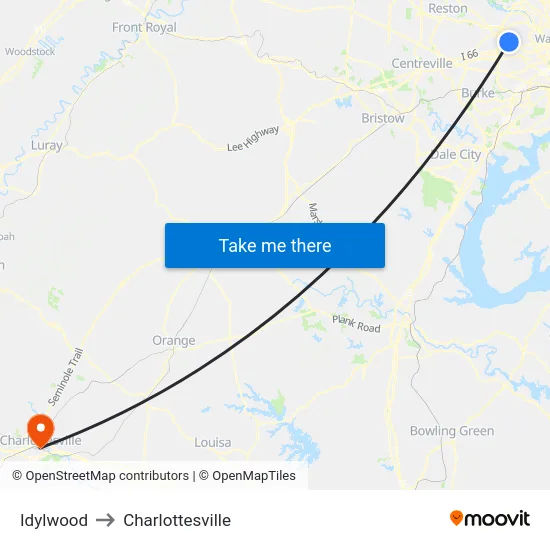 Idylwood to Charlottesville map