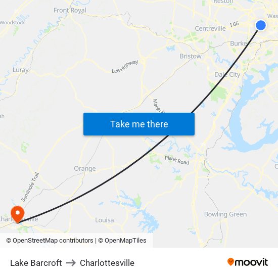 Lake Barcroft to Charlottesville map