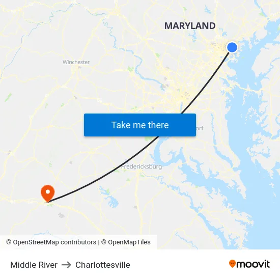 Middle River to Charlottesville map