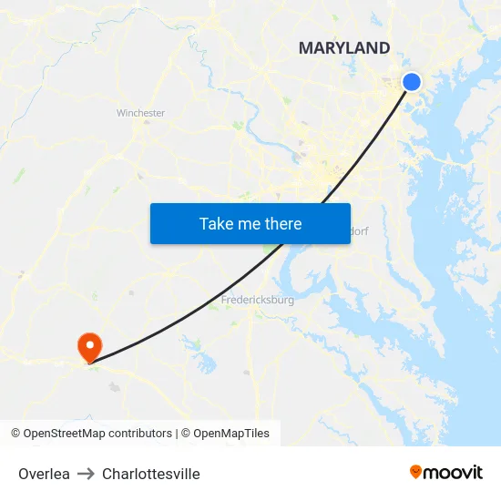 Overlea to Charlottesville map