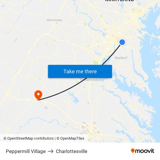 Peppermill Village to Charlottesville map