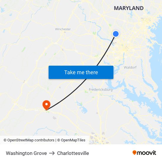 Washington Grove to Charlottesville map