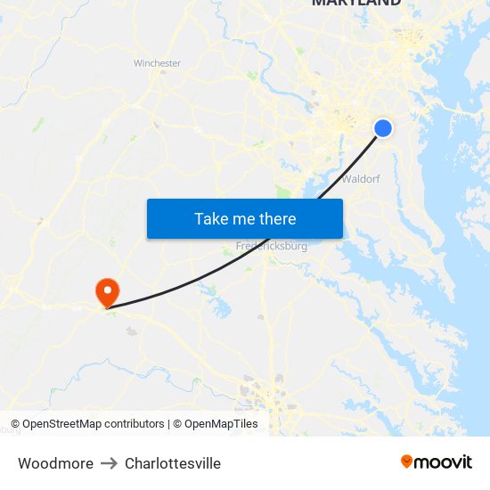 Woodmore to Charlottesville map