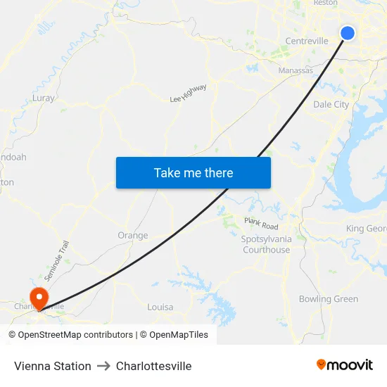Vienna Station to Charlottesville map
