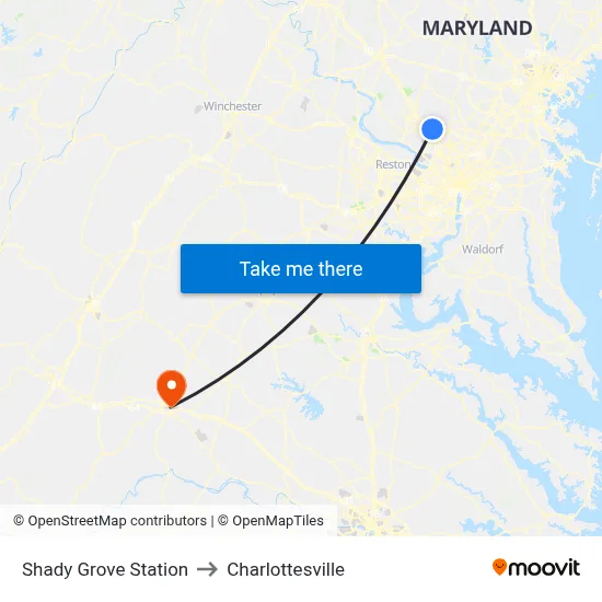 Shady Grove Station to Charlottesville map