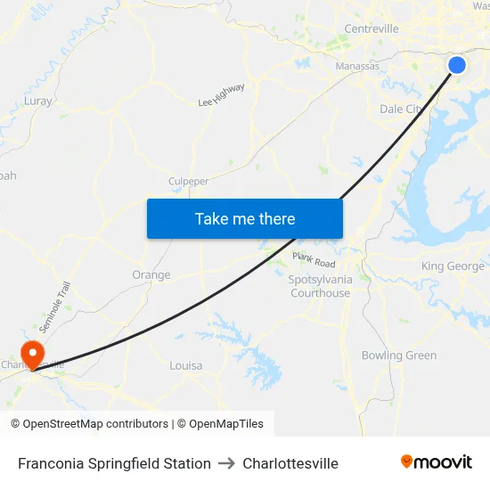 Franconia Springfield Station to Charlottesville map