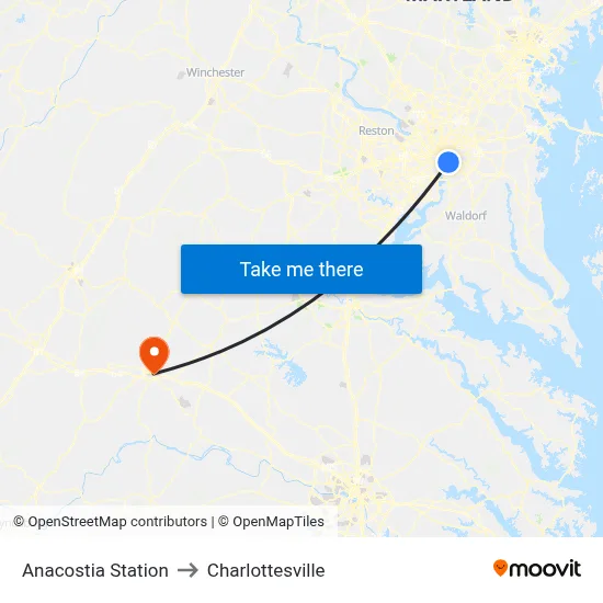Anacostia Station to Charlottesville map