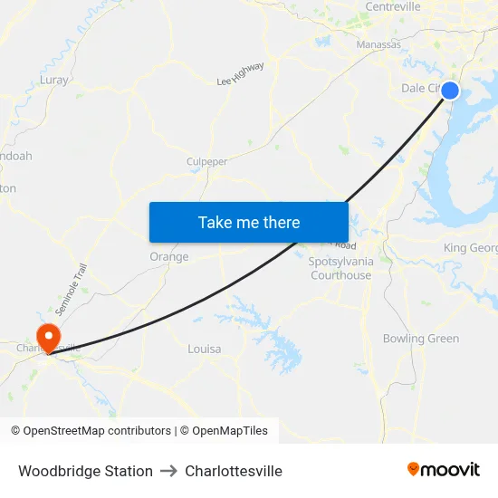 Woodbridge Station to Charlottesville map