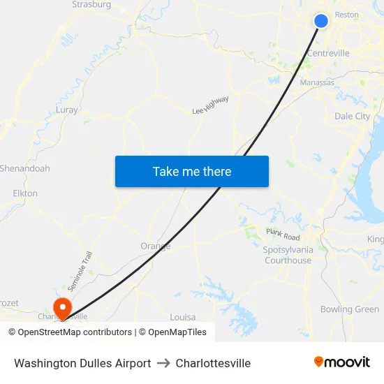 Washington Dulles Airport to Charlottesville map