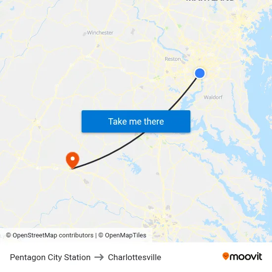Pentagon City Station to Charlottesville map