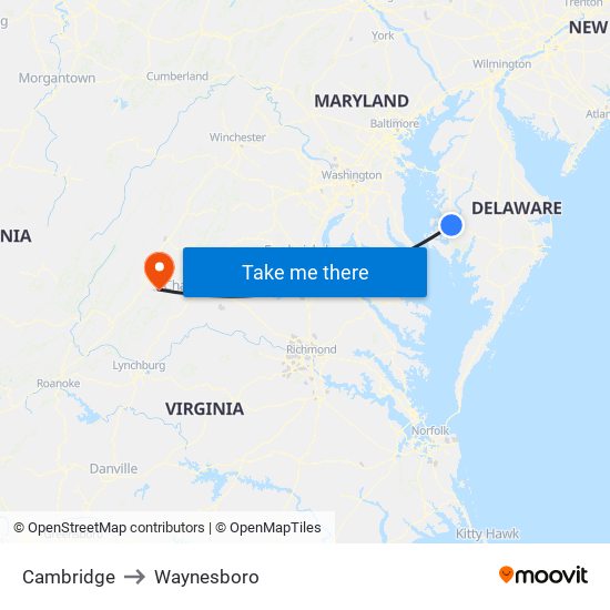 Cambridge to Waynesboro map