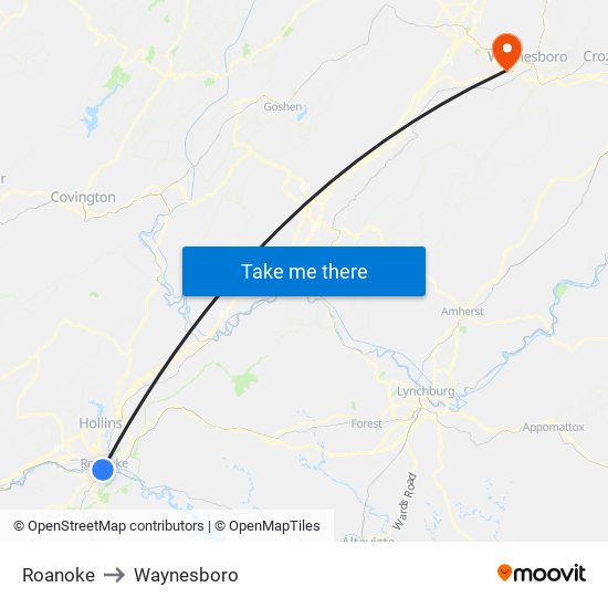 Roanoke to Waynesboro map