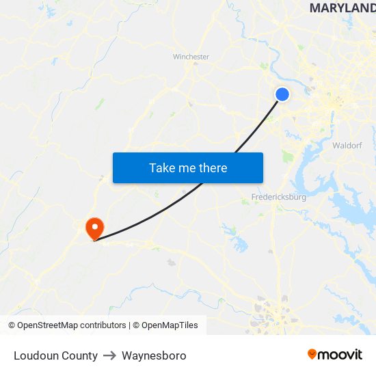 Loudoun County to Waynesboro map