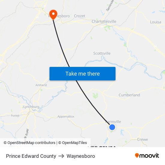 Prince Edward County to Waynesboro map